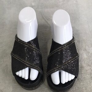 TSAKIRIS MALLAS Black Bejeweled Criss Cross Platform Sandals 6.5